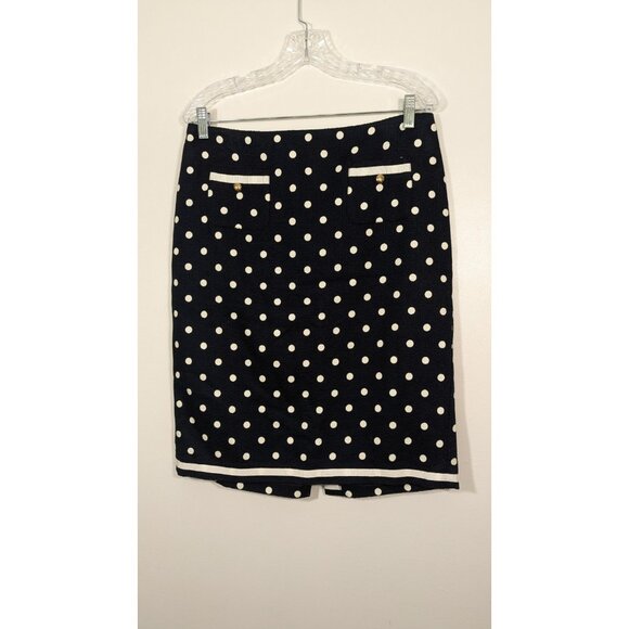 Talbots Skirt Womens Size 10 Navy Blue Polka Dot Lined Slit Zipper Gold Buttons - Picture 1 of 7